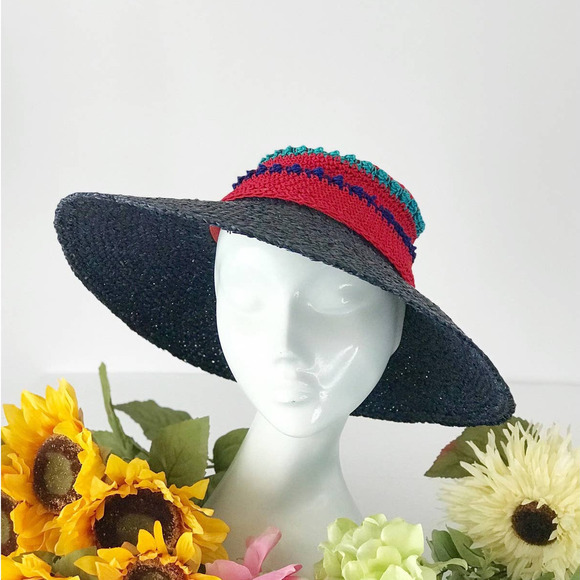 Vintage Accessories - Vintage 1980s Navy Straw Wide Brim Hat Funky Cool